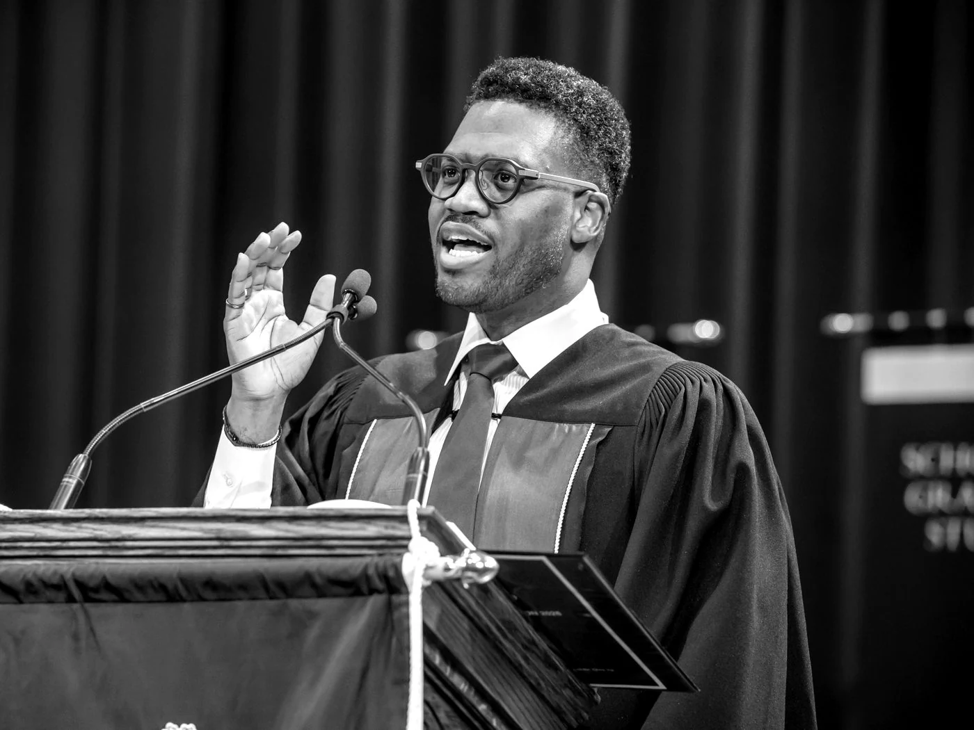 Andrew Forde at the University of Toronto convocation lectern.